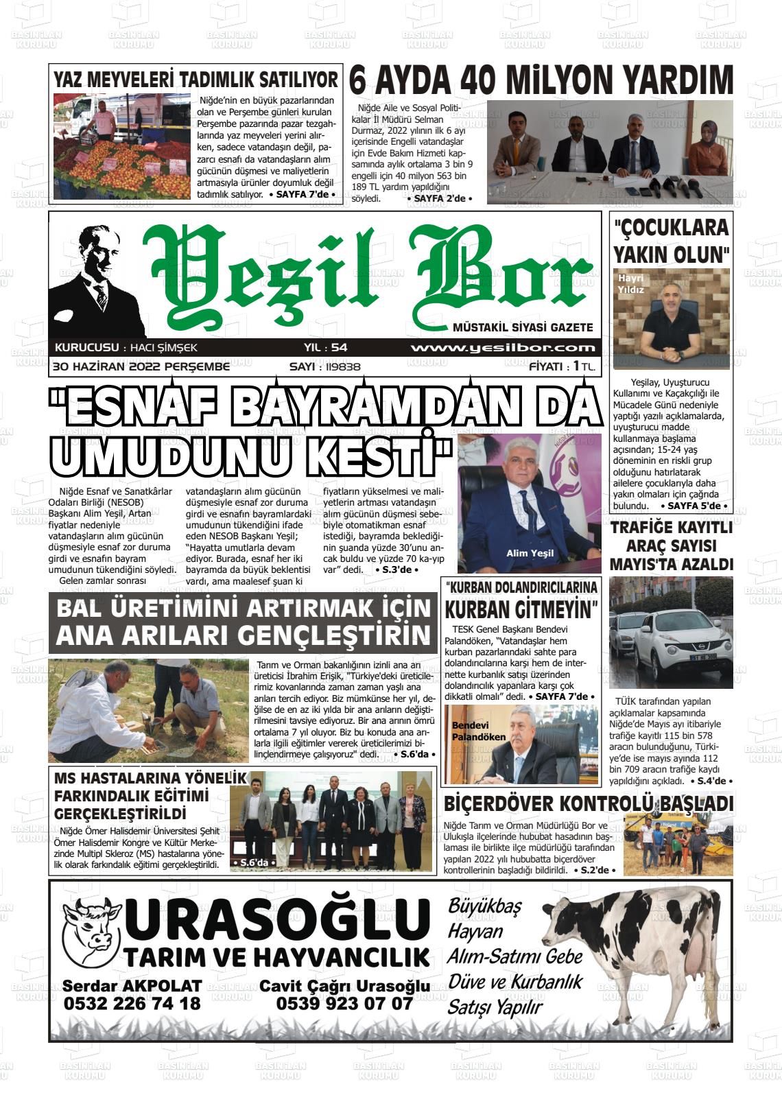 01 Temmuz 2022 Yeşil Bor Gazete Manşeti