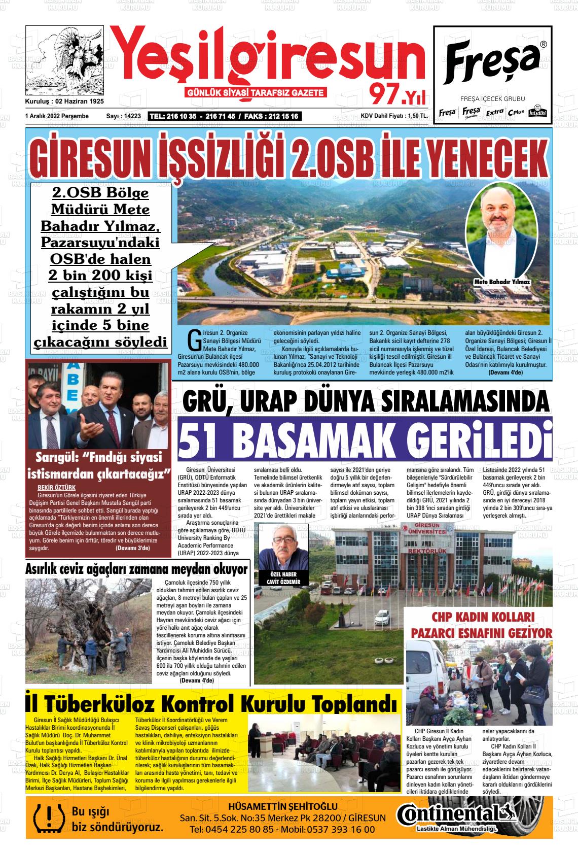01 Aralık 2022 Yeşil Giresun Gazete Manşeti