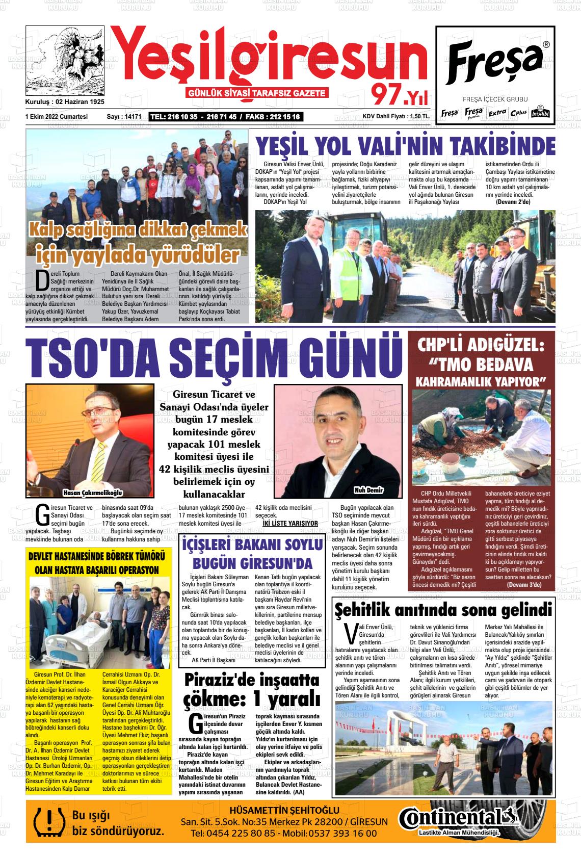 01 Ekim 2022 Yeşil Giresun Gazete Manşeti