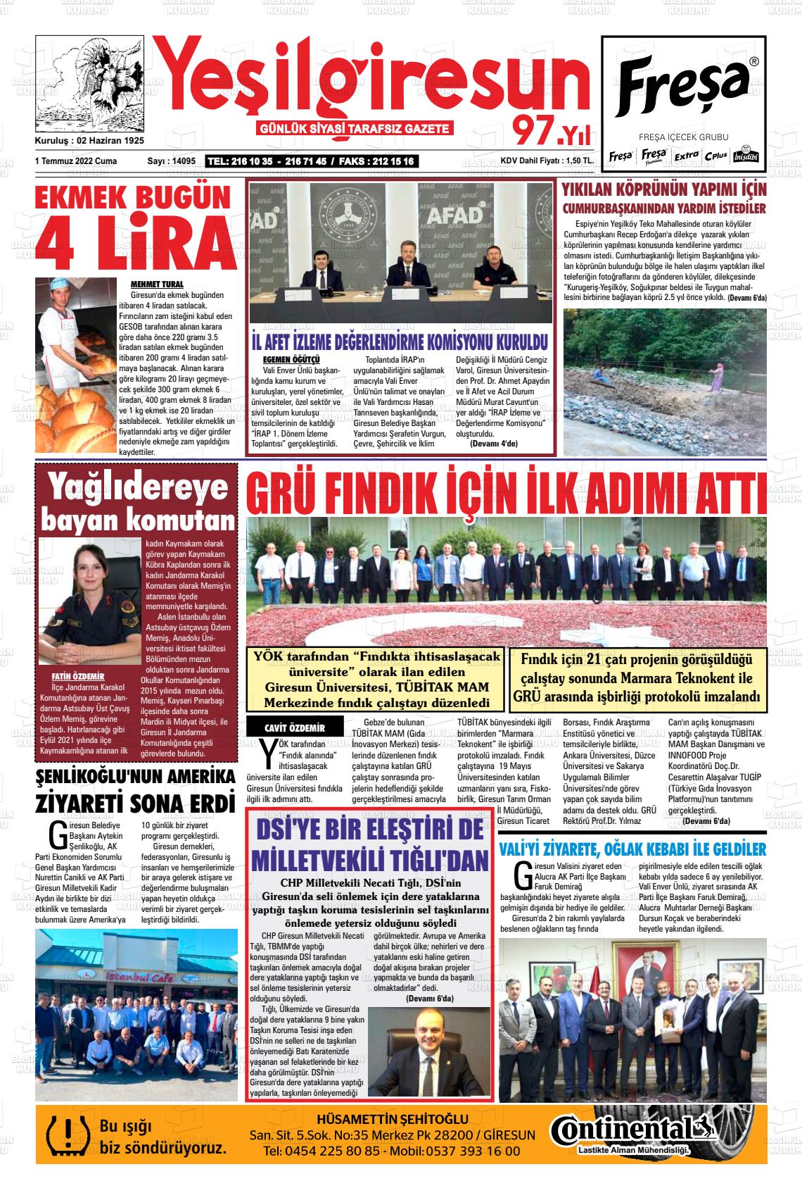 01 Temmuz 2022 Yeşil Giresun Gazete Manşeti