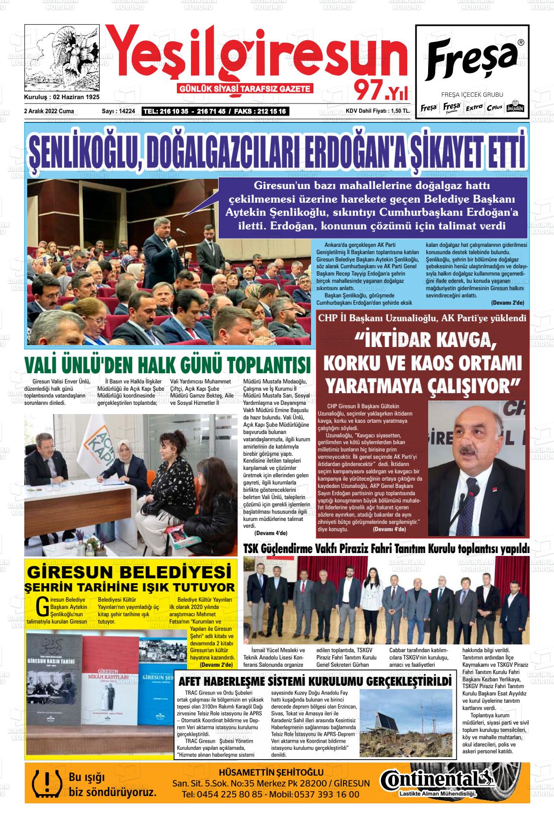 02 Aralık 2022 Yeşil Giresun Gazete Manşeti