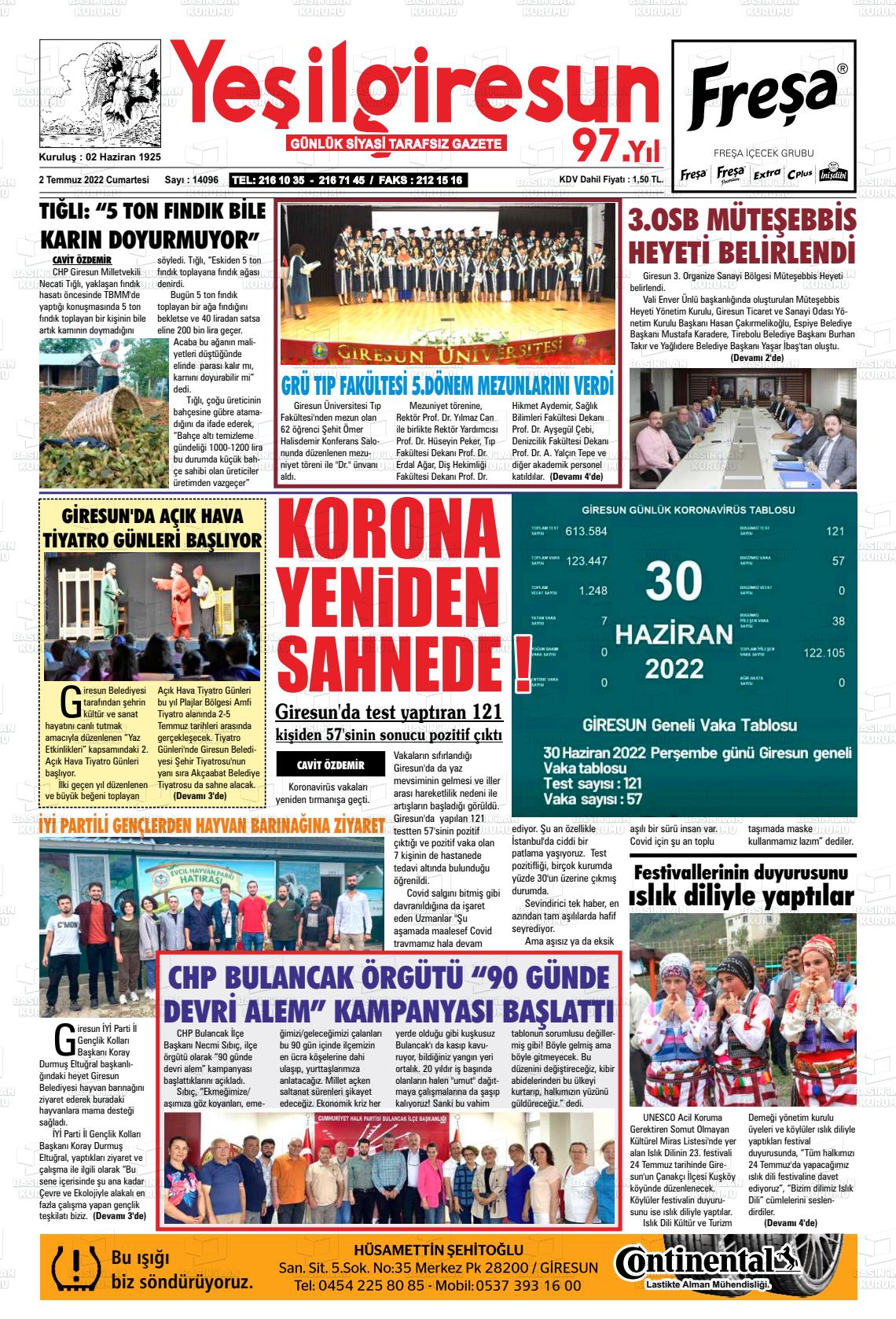 02 Temmuz 2022 Yeşil Giresun Gazete Manşeti