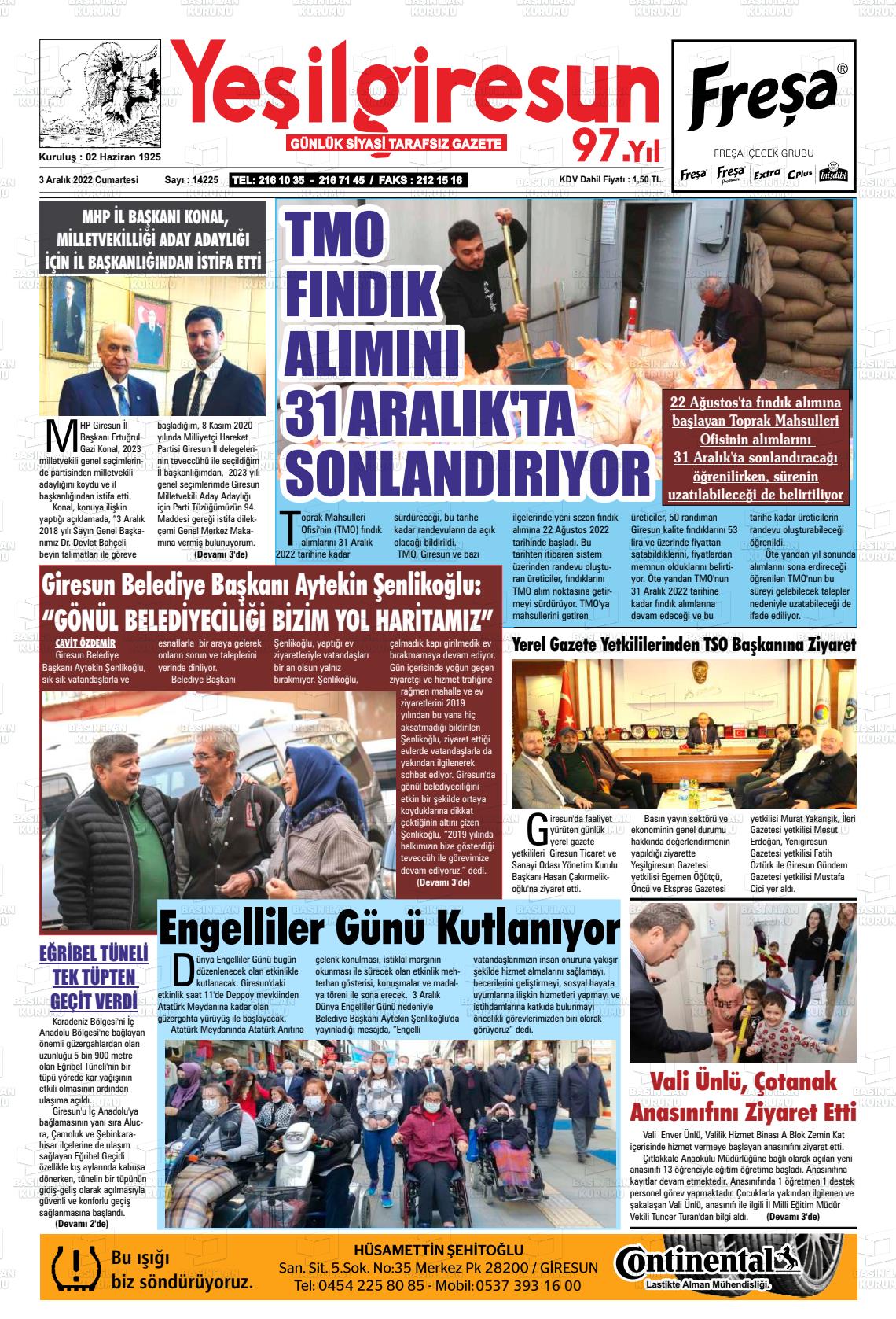 03 Aralık 2022 Yeşil Giresun Gazete Manşeti