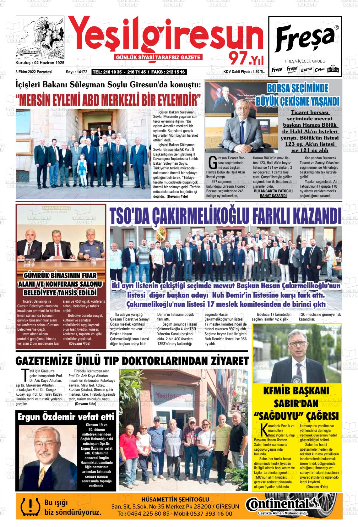 03 Ekim 2022 Yeşil Giresun Gazete Manşeti