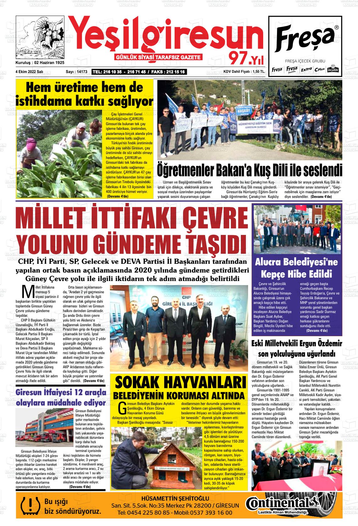 04 Ekim 2022 Yeşil Giresun Gazete Manşeti