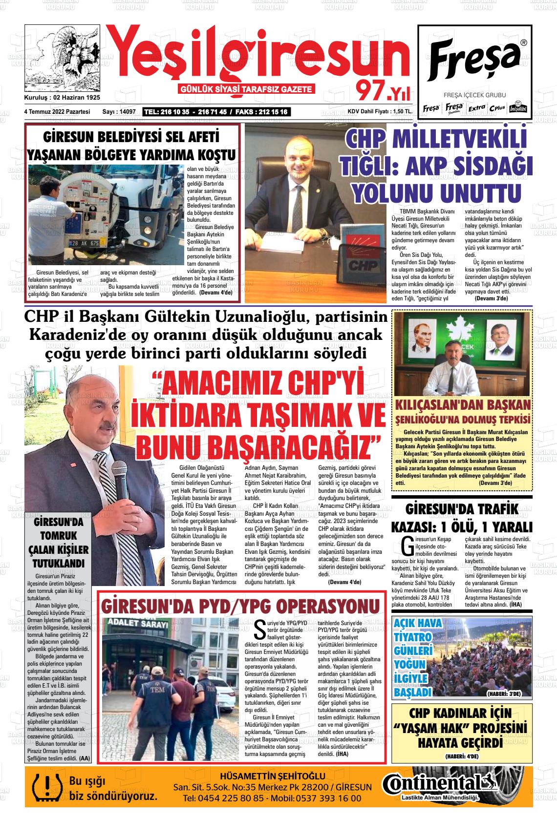 04 Temmuz 2022 Yeşil Giresun Gazete Manşeti