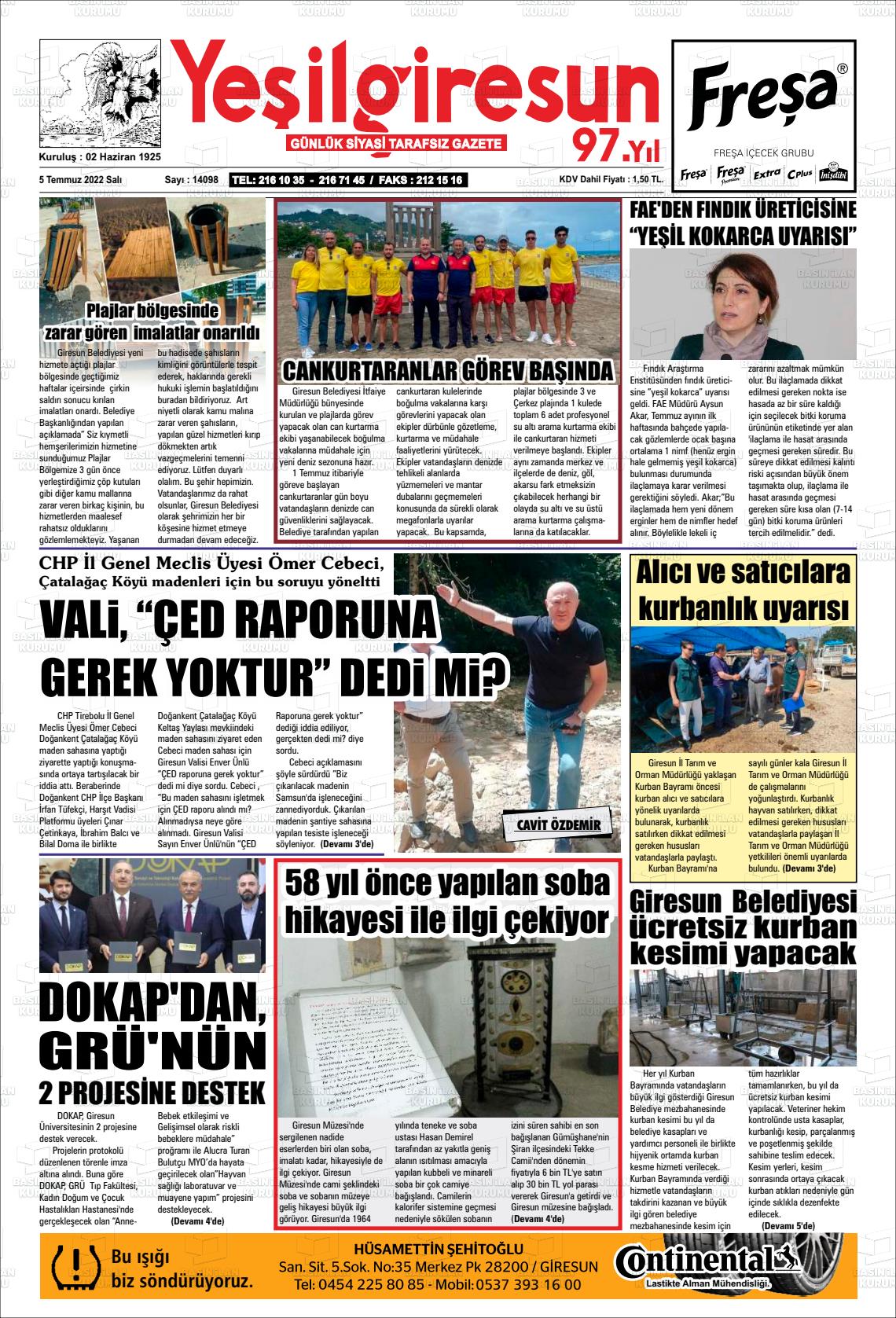 05 Temmuz 2022 Yeşil Giresun Gazete Manşeti