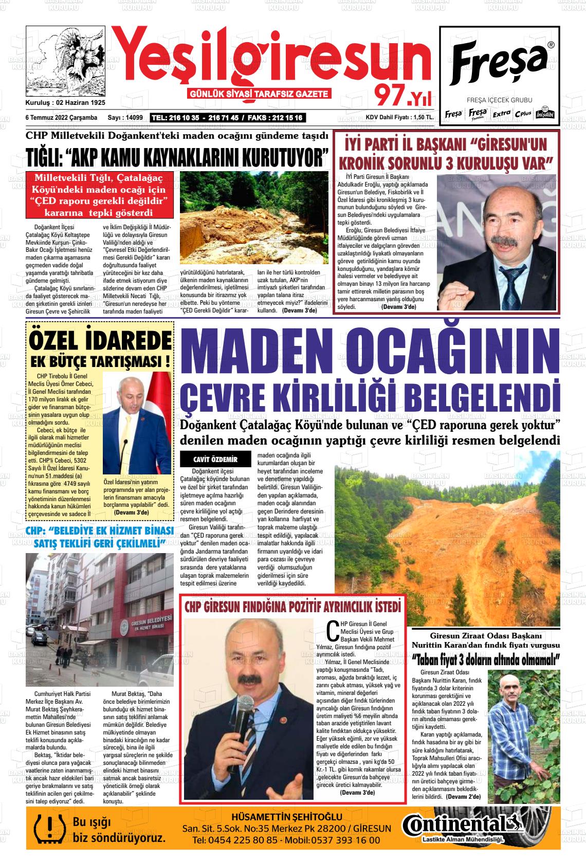 06 Temmuz 2022 Yeşil Giresun Gazete Manşeti