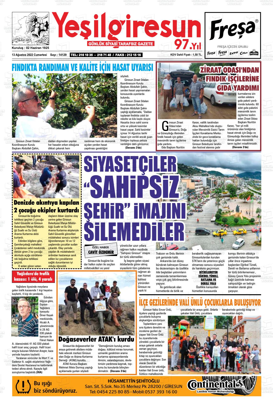 13 Ağustos 2022 Yeşil Giresun Gazete Manşeti