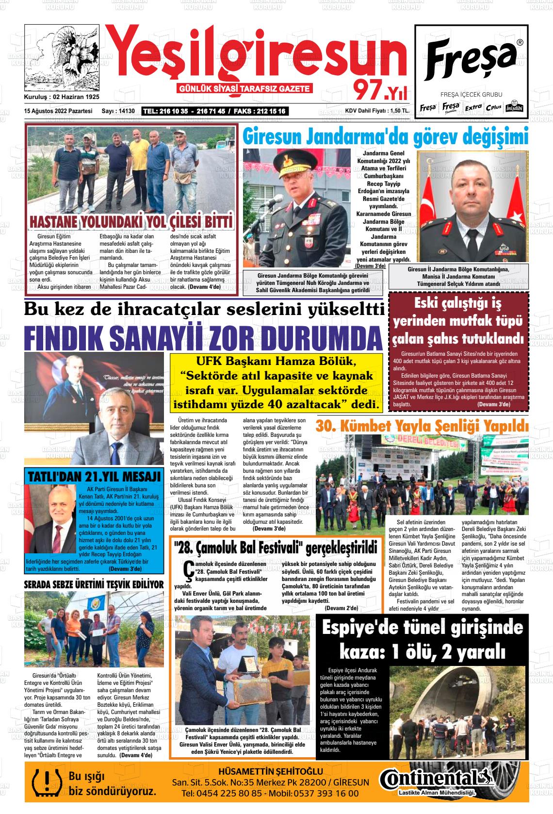 15 Ağustos 2022 Yeşil Giresun Gazete Manşeti