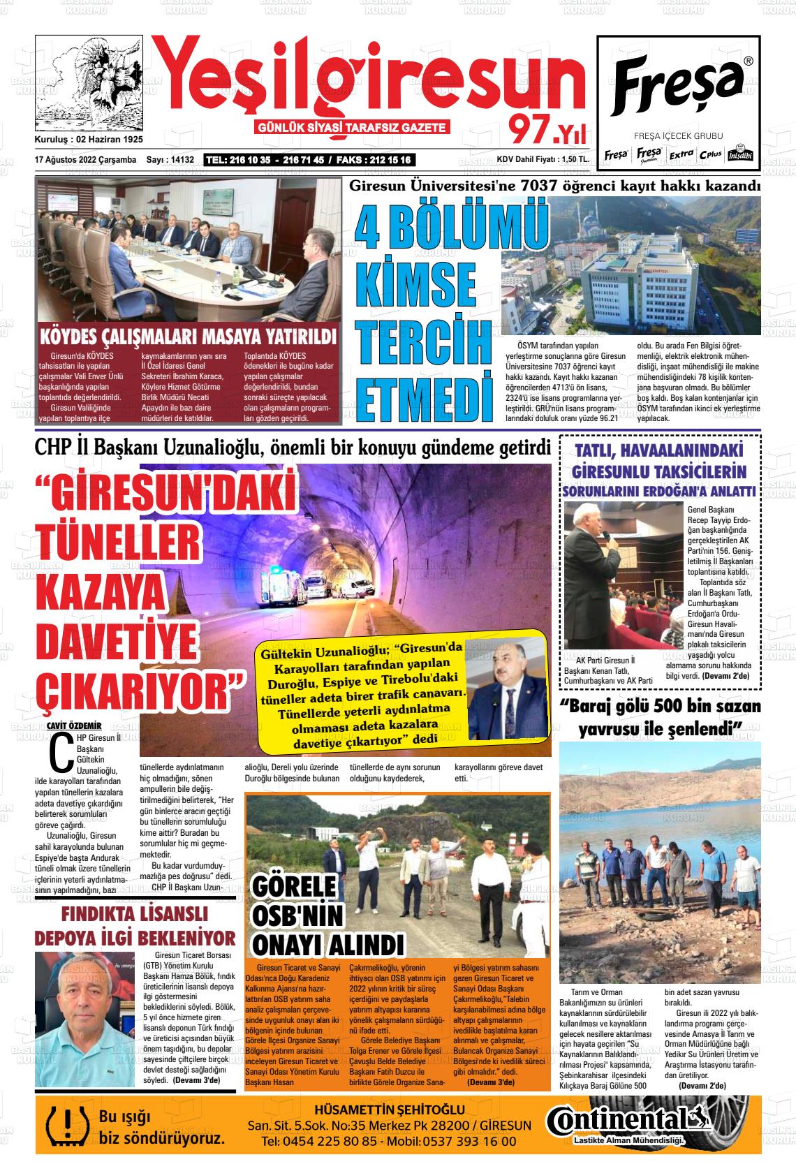 17 Ağustos 2022 Yeşil Giresun Gazete Manşeti