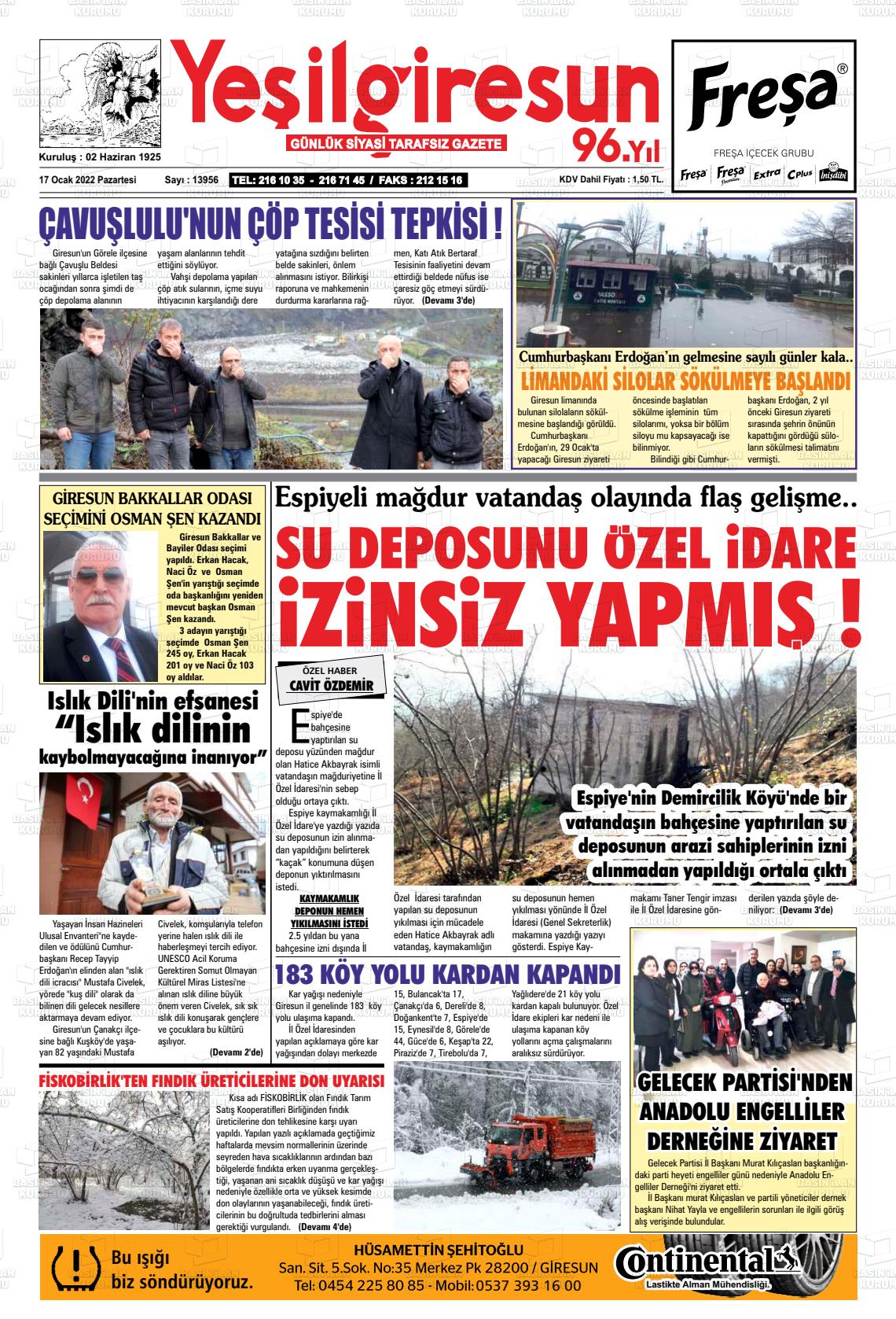 17 Ocak 2022 Yeşil Giresun Gazete Manşeti