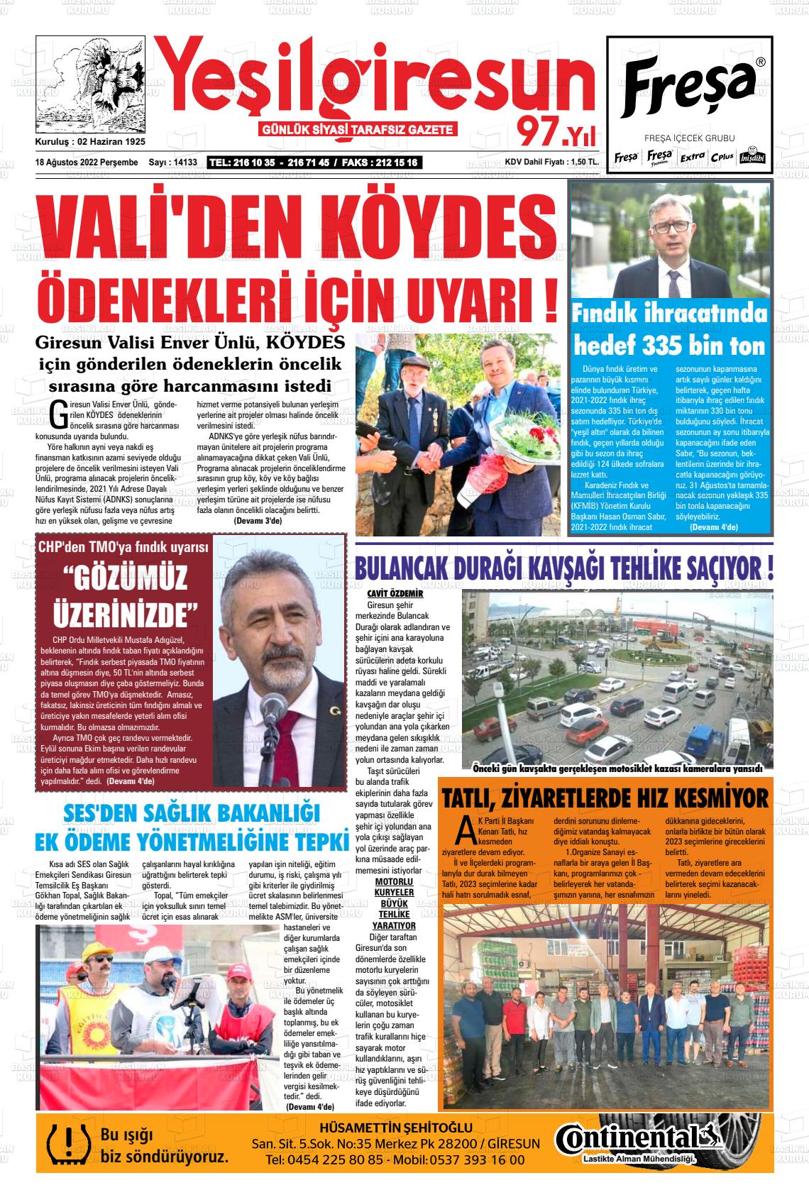 18 Ağustos 2022 Yeşil Giresun Gazete Manşeti