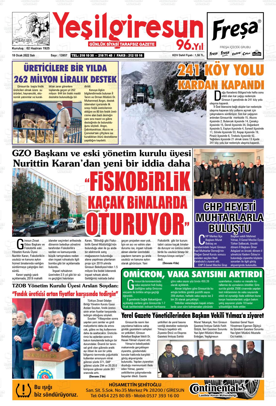 18 Ocak 2022 Yeşil Giresun Gazete Manşeti
