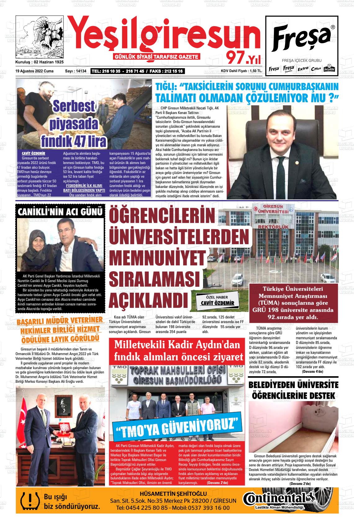 19 Ağustos 2022 Yeşil Giresun Gazete Manşeti