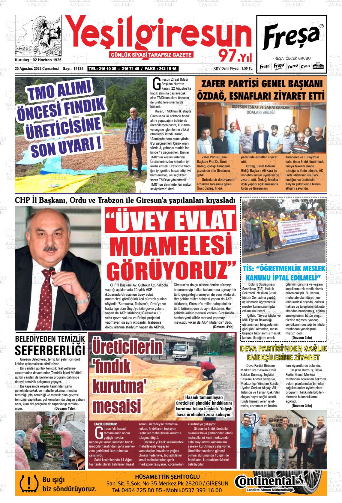 20 Ağustos 2022 Yeşil Giresun Gazete Manşeti
