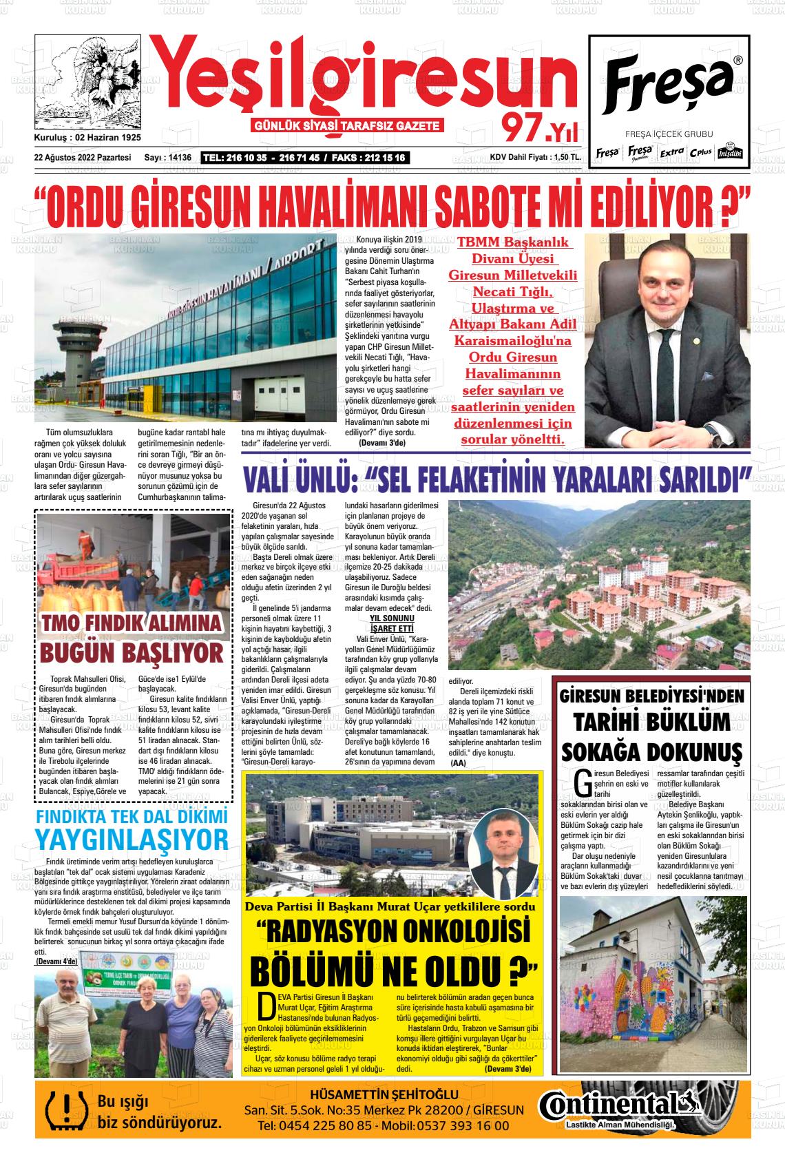 22 Ağustos 2022 Yeşil Giresun Gazete Manşeti