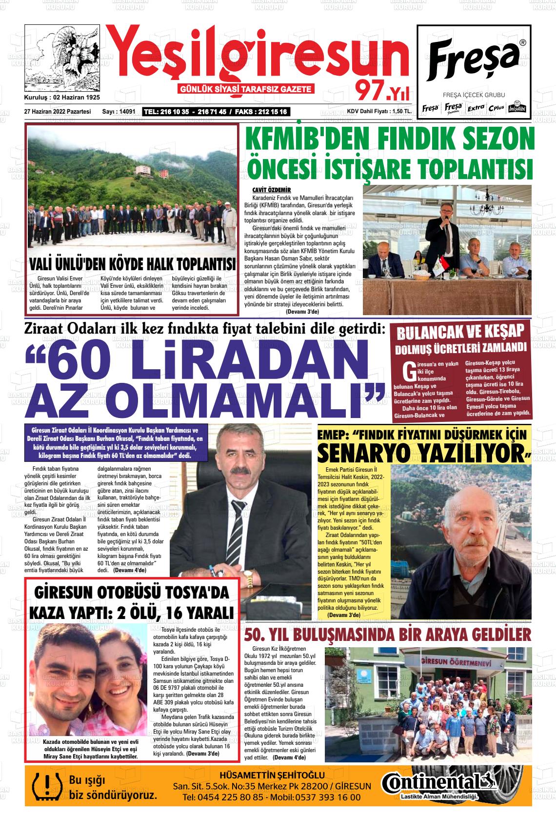 27 Haziran 2022 Yeşil Giresun Gazete Manşeti