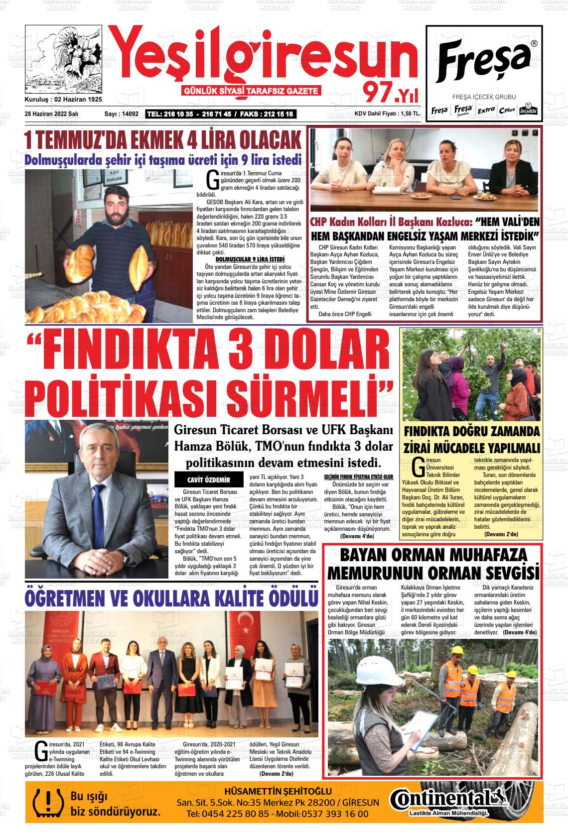 28 Haziran 2022 Yeşil Giresun Gazete Manşeti