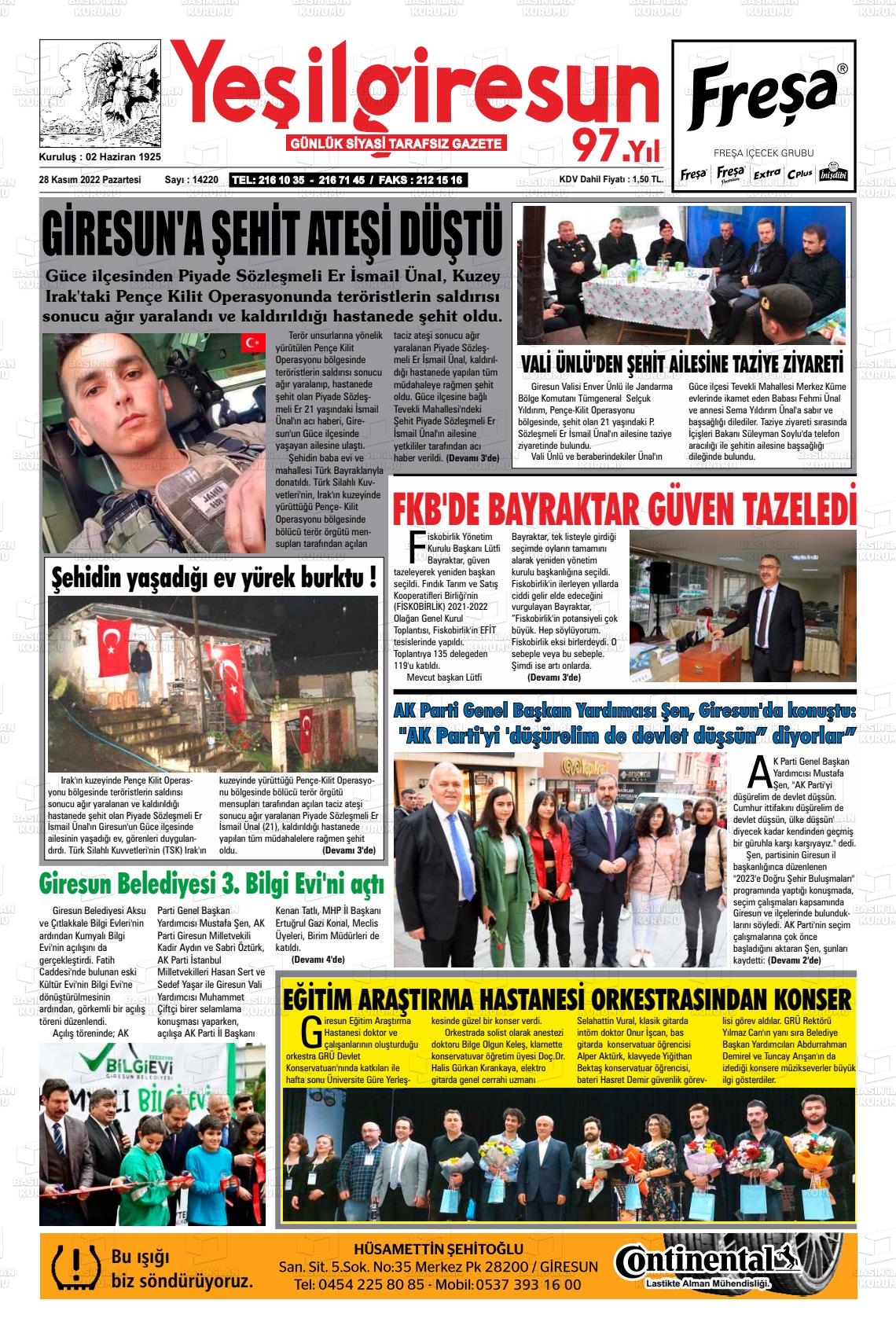 28 Kasım 2022 Yeşil Giresun Gazete Manşeti