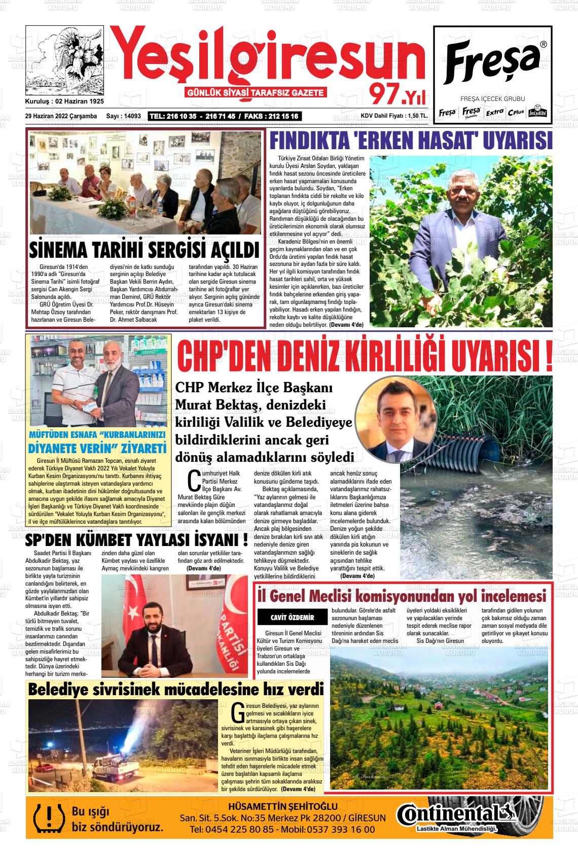 29 Haziran 2022 Yeşil Giresun Gazete Manşeti