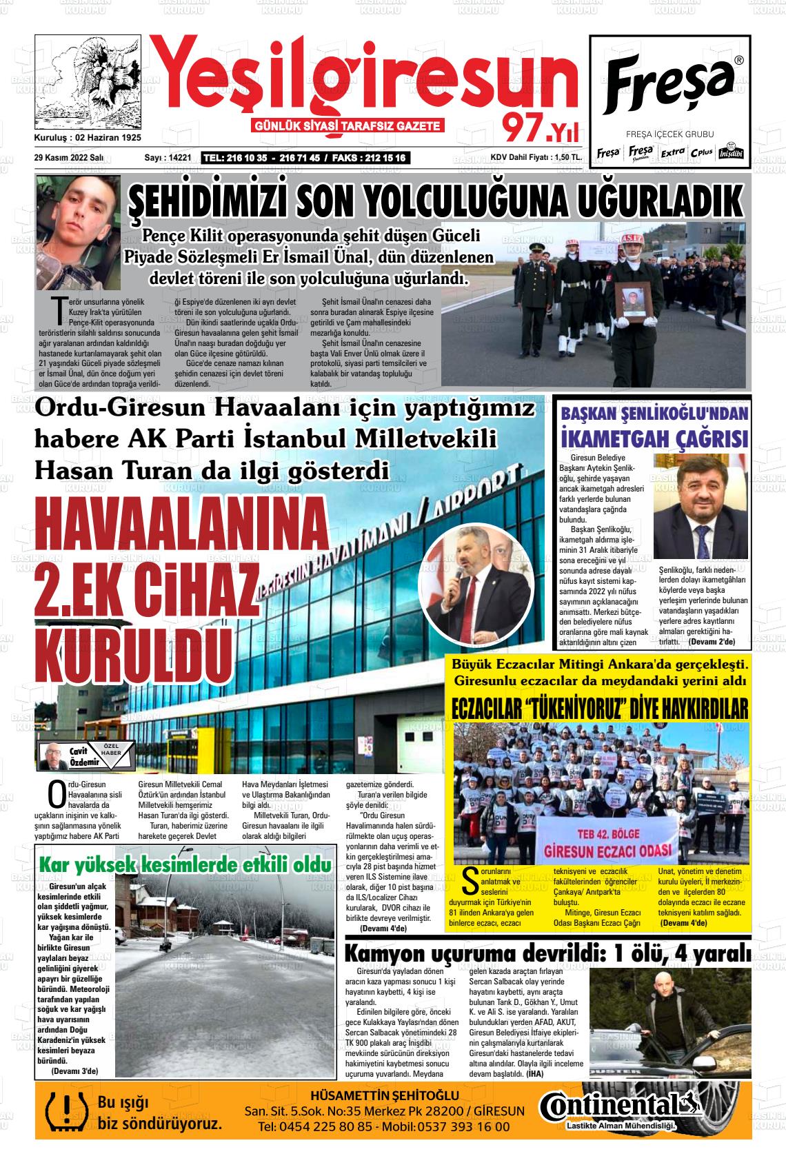 29 Kasım 2022 Yeşil Giresun Gazete Manşeti