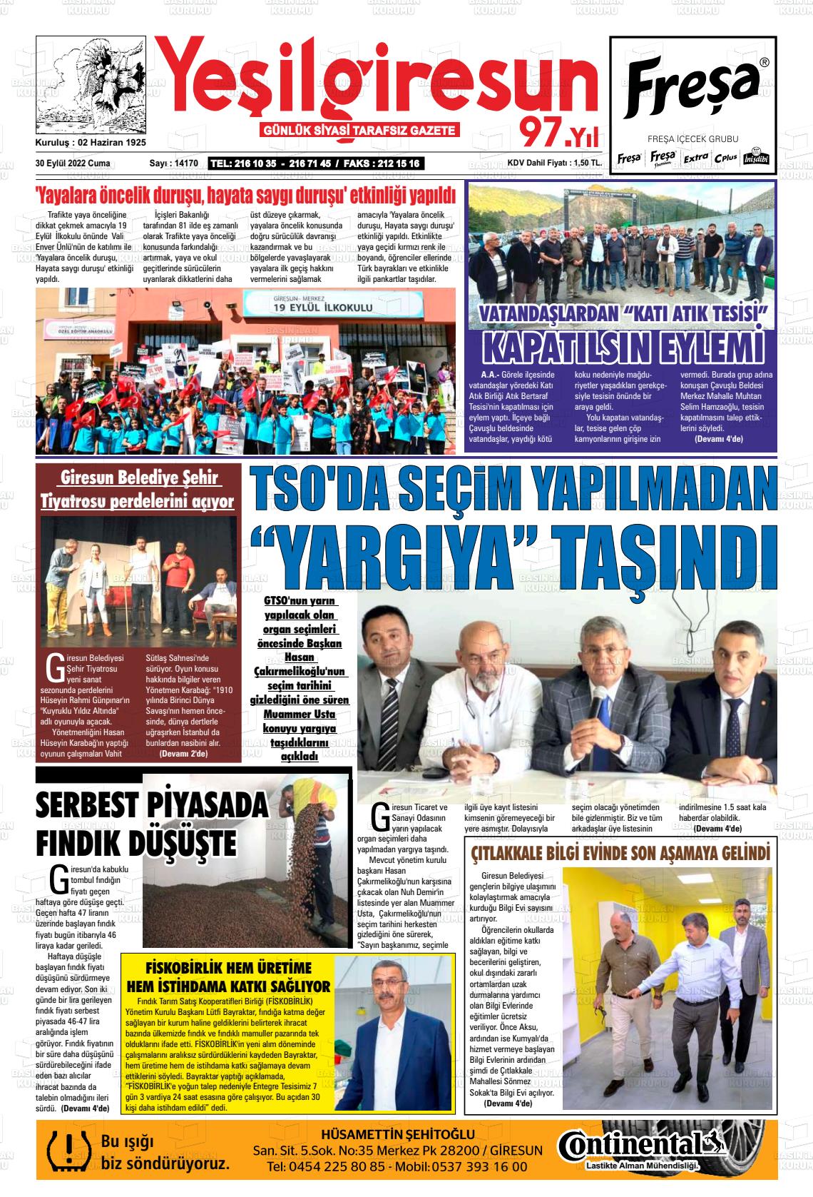 30 Eylül 2022 Yeşil Giresun Gazete Manşeti