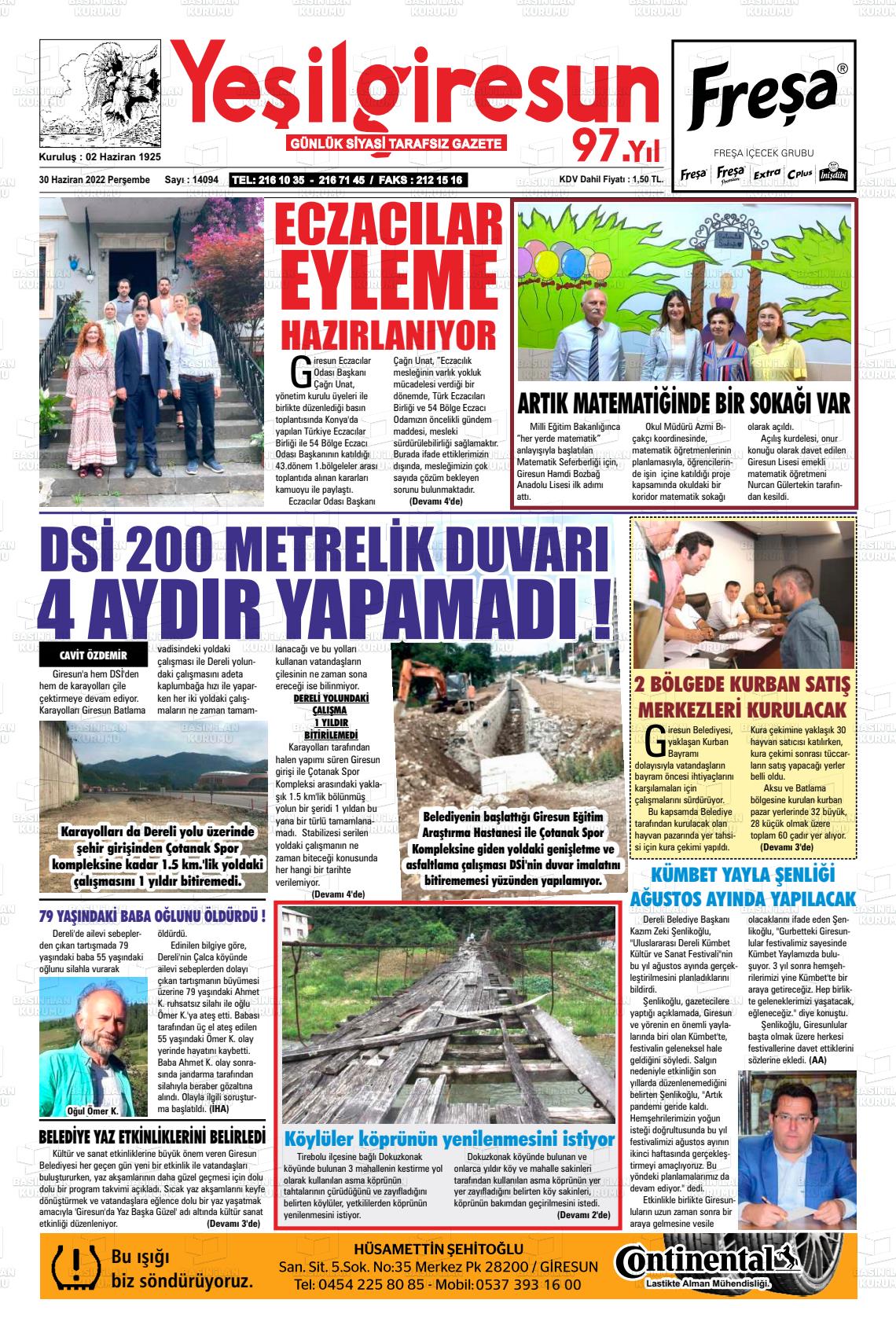 30 Haziran 2022 Yeşil Giresun Gazete Manşeti