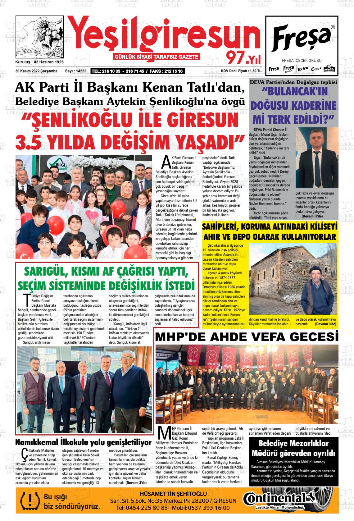 30 Kasım 2022 Yeşil Giresun Gazete Manşeti