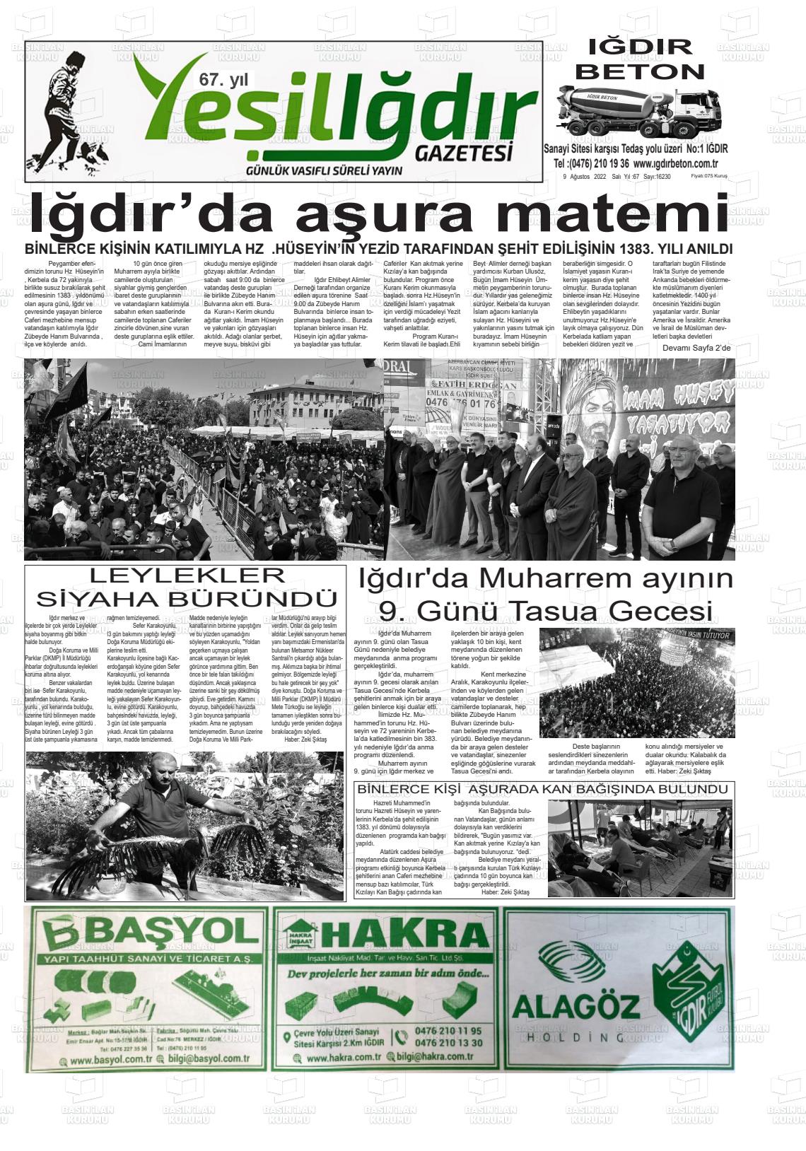 09 Ağustos 2022 Yeşil Iğdır Gazete Manşeti