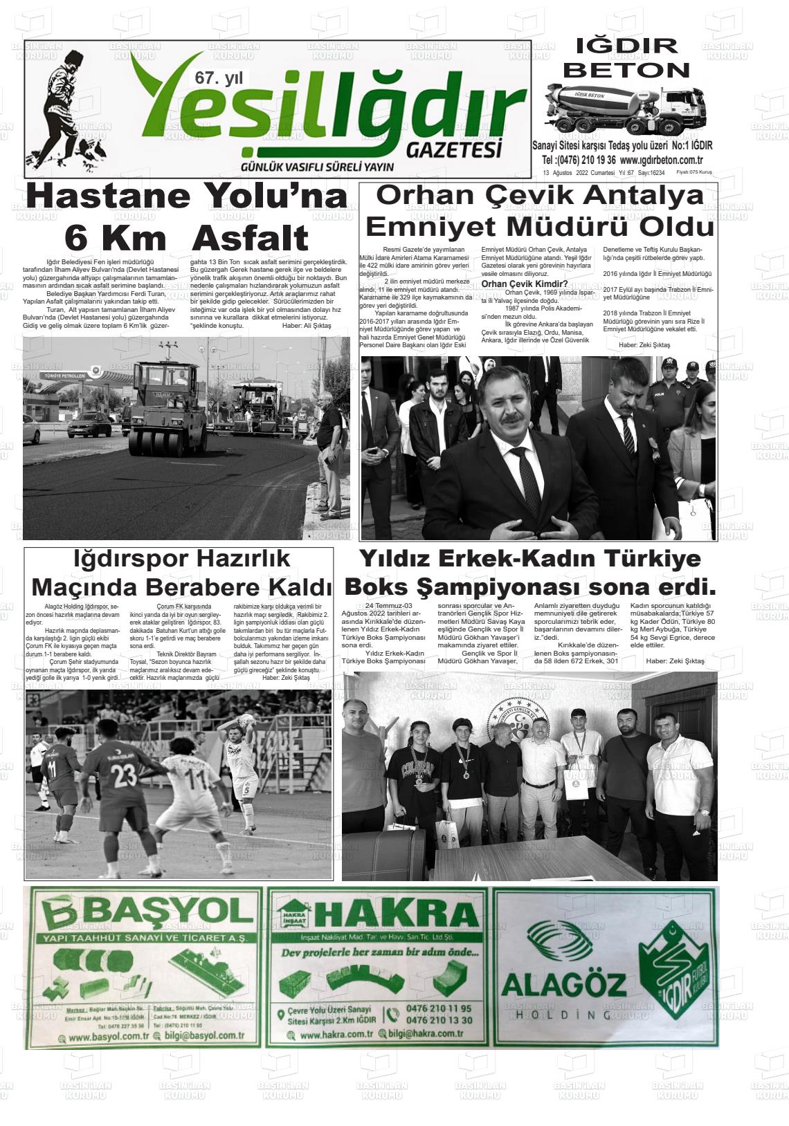 13 Ağustos 2022 Yeşil Iğdır Gazete Manşeti