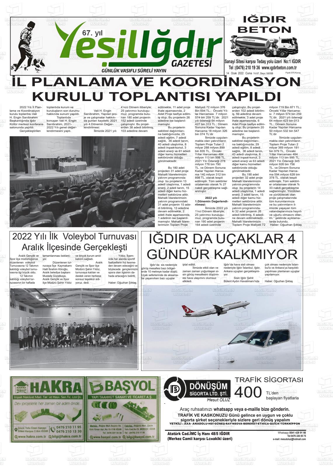 14 Ocak 2022 Yeşil Iğdır Gazete Manşeti