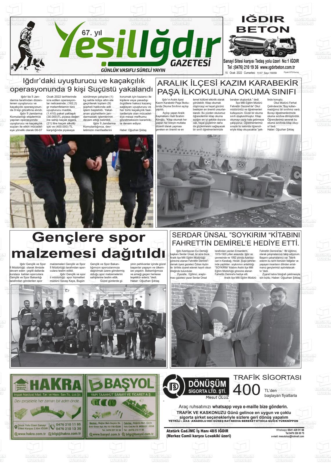 15 Ocak 2022 Yeşil Iğdır Gazete Manşeti
