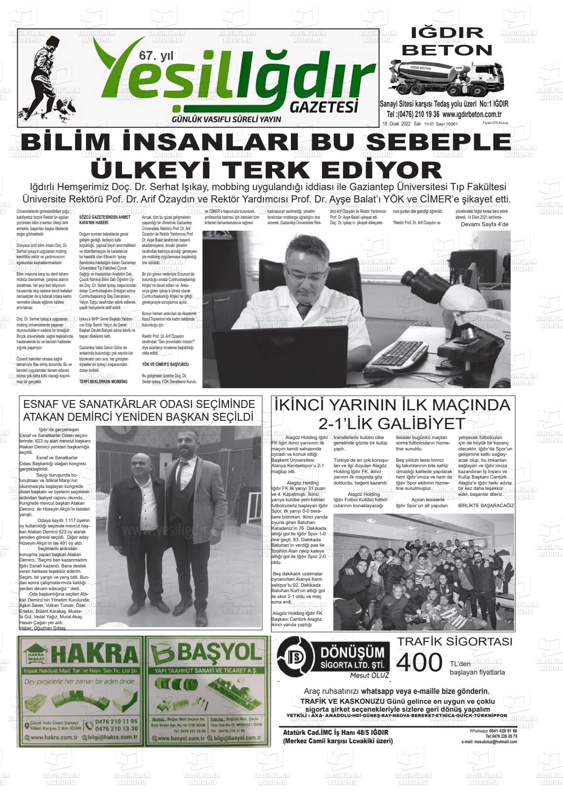 18 Ocak 2022 Yeşil Iğdır Gazete Manşeti