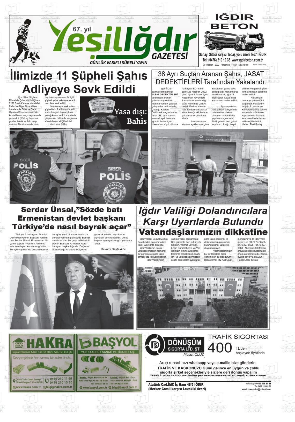 01 Temmuz 2022 Yeşil Iğdır Gazete Manşeti