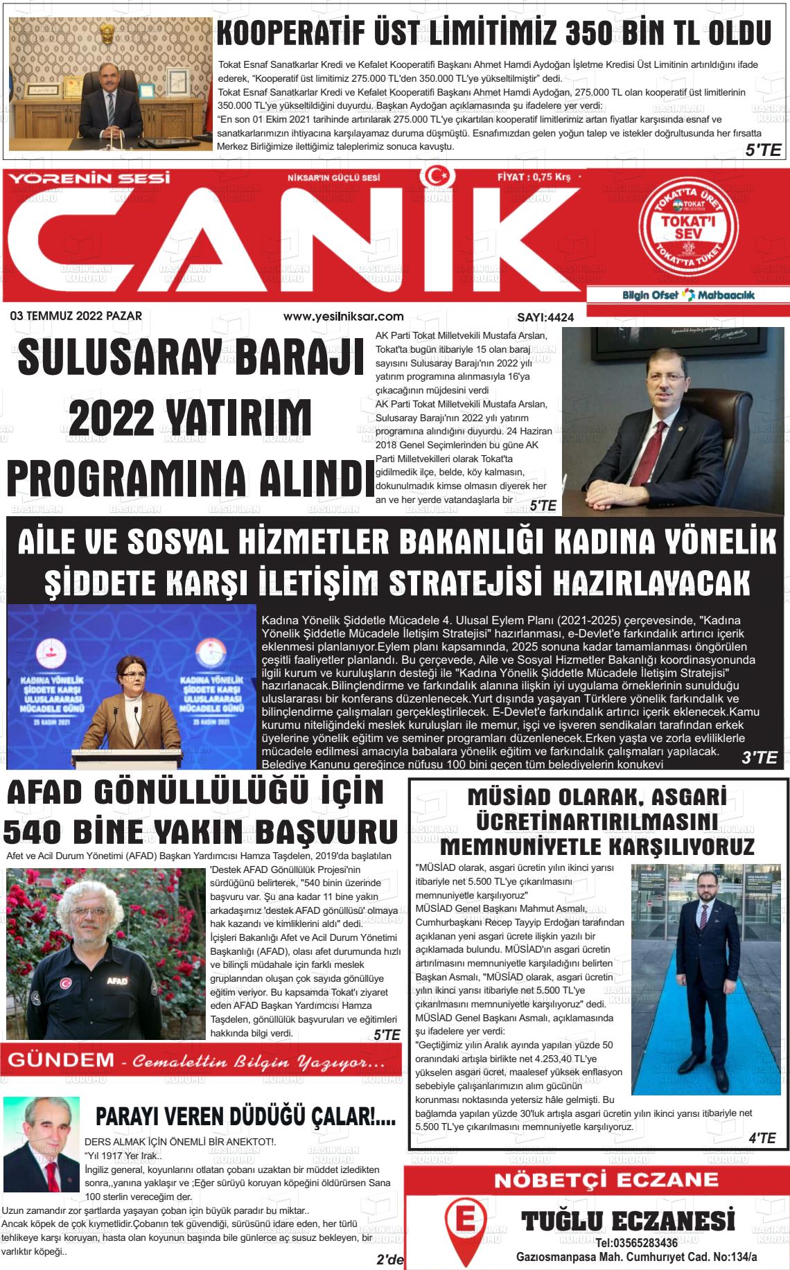 03 Temmuz 2022 Yeşil Niksar Gazete Manşeti