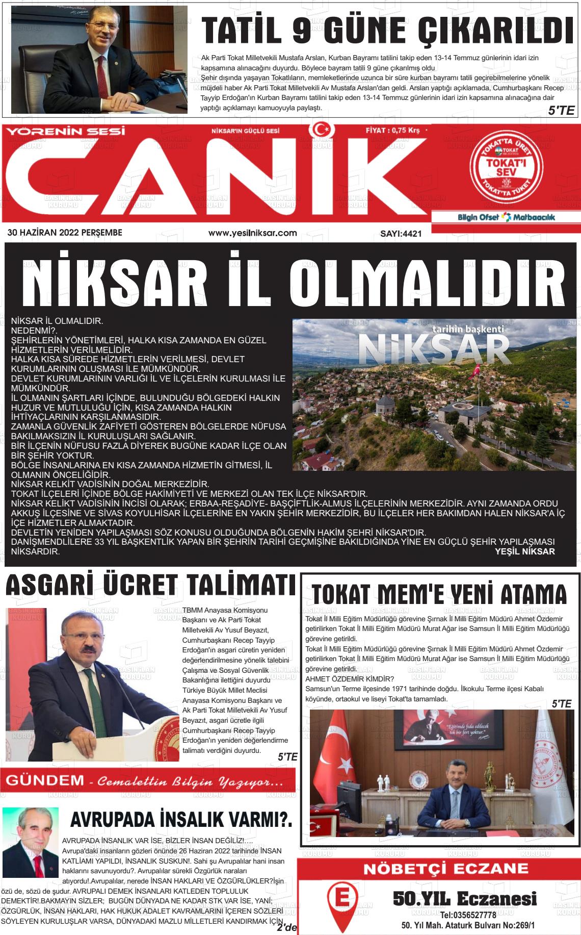 01 Temmuz 2022 Yeşil Niksar Gazete Manşeti