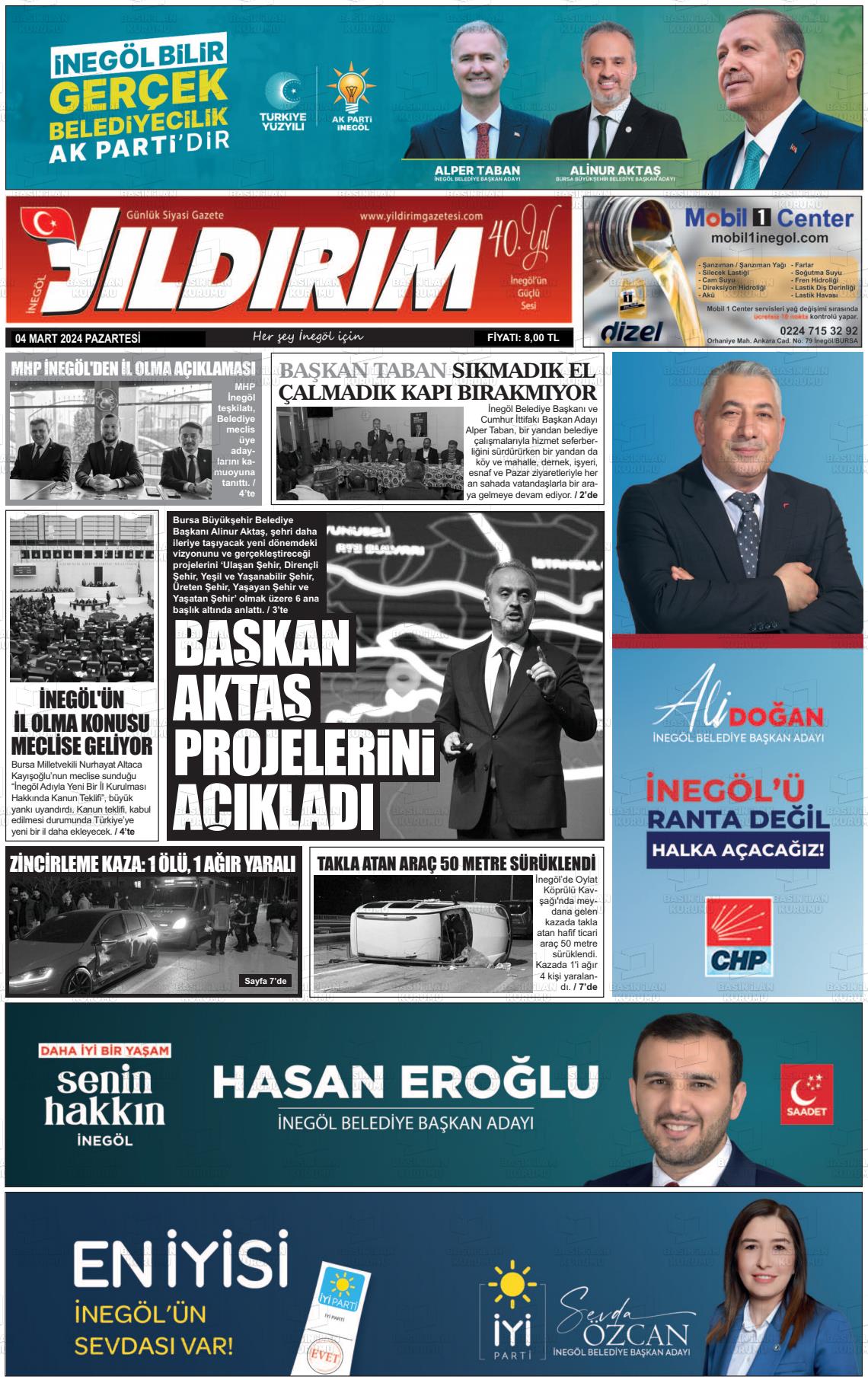 04 Mart 2024 Yildirim Gazete Manşeti