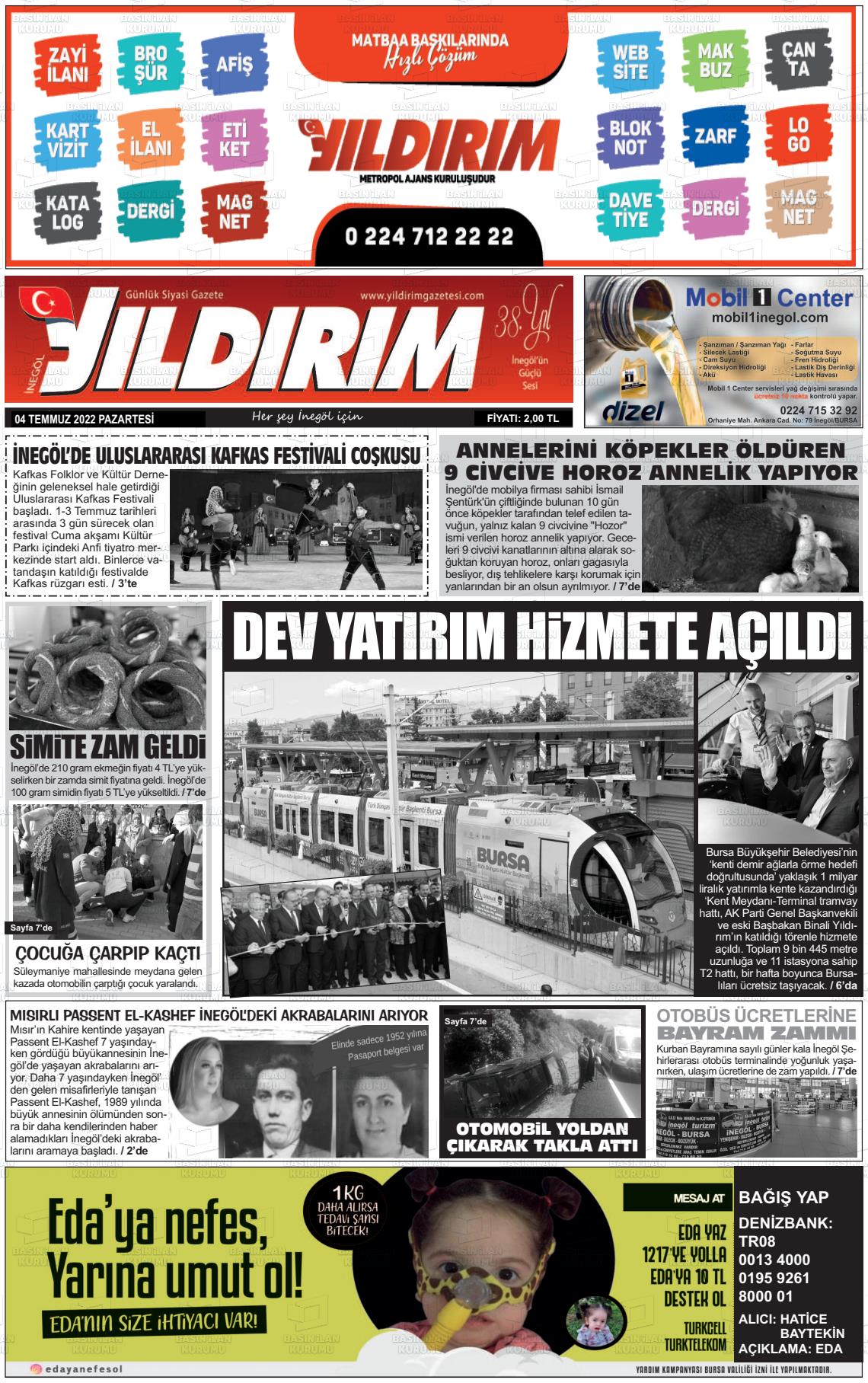 04 Temmuz 2022 Yildirim Gazete Manşeti