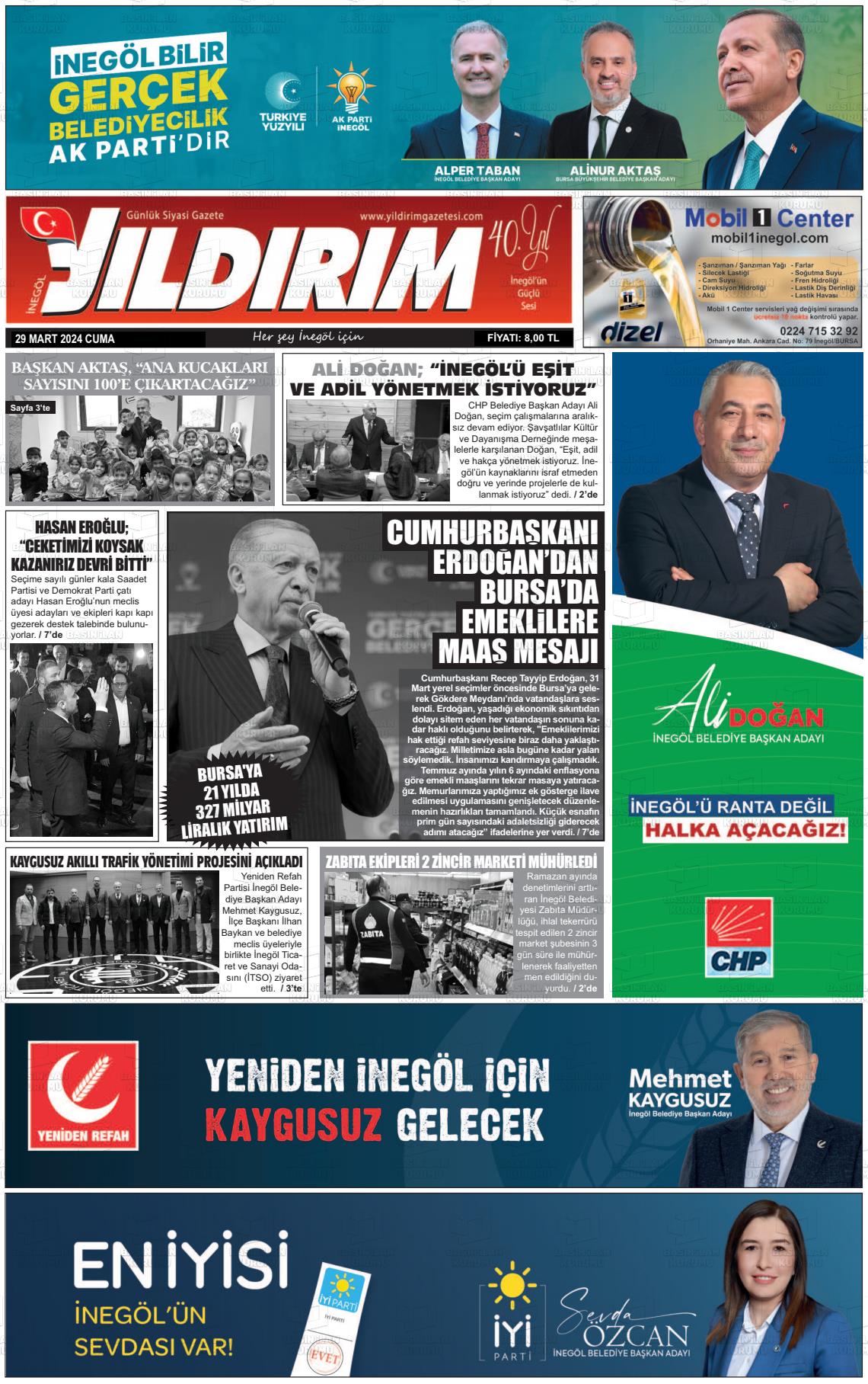 29 Mart 2024 Yildirim Gazete Manşeti
