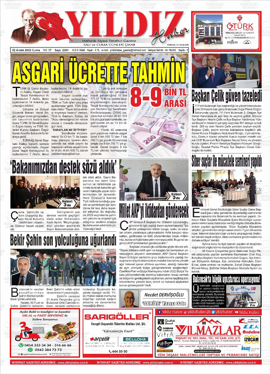 02 Aralık 2022 Yıldız Haber Gazete Manşeti