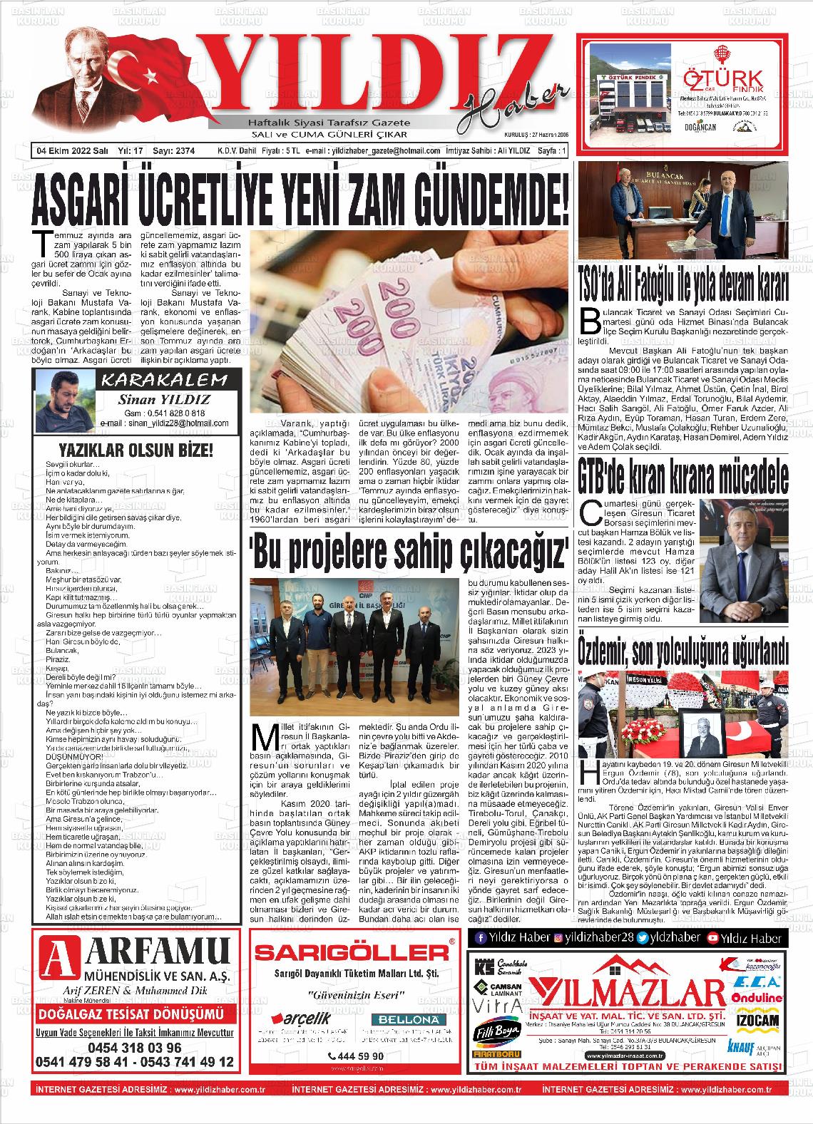 04 Ekim 2022 Yıldız Haber Gazete Manşeti