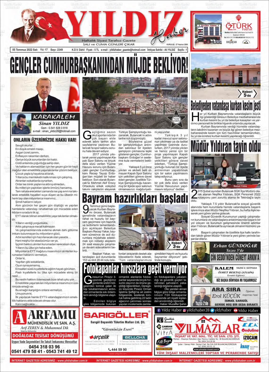 05 Temmuz 2022 Yıldız Haber Gazete Manşeti