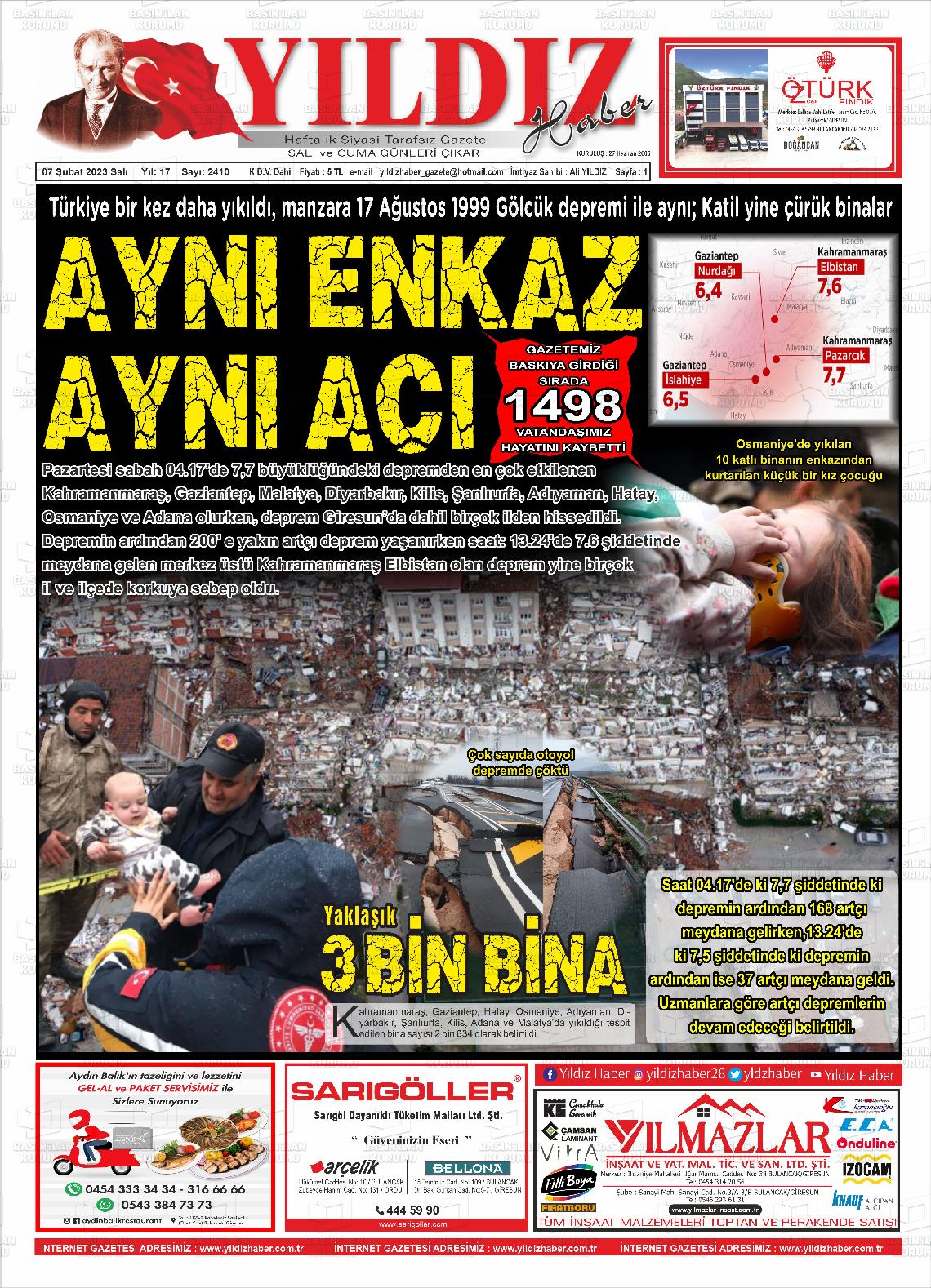 07 Şubat 2023 Yıldız Haber Gazete Manşeti