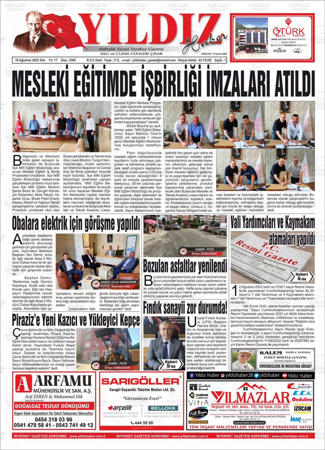 16 Ağustos 2022 Yıldız Haber Gazete Manşeti