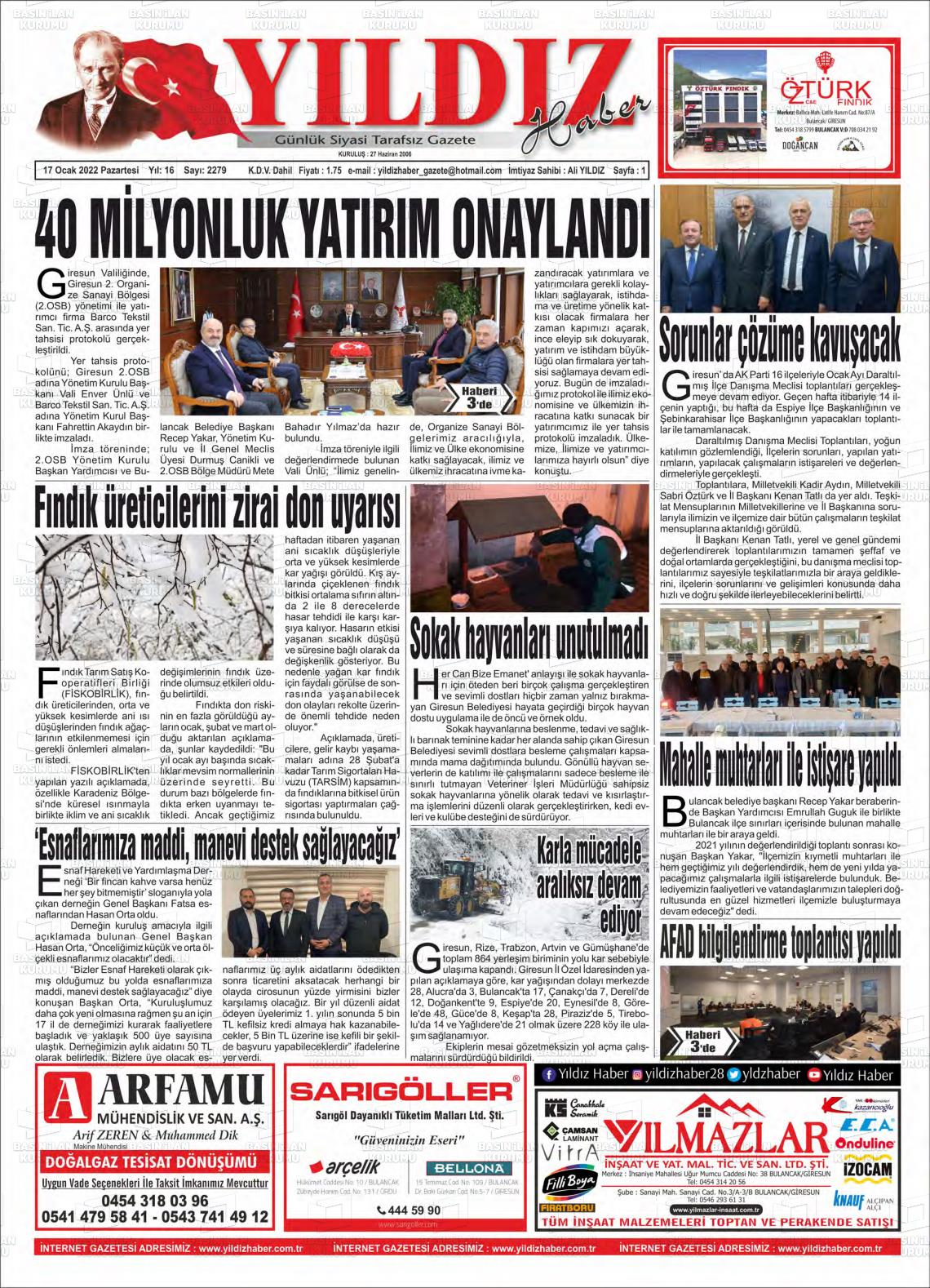 17 Ocak 2022 Yıldız Haber Gazete Manşeti