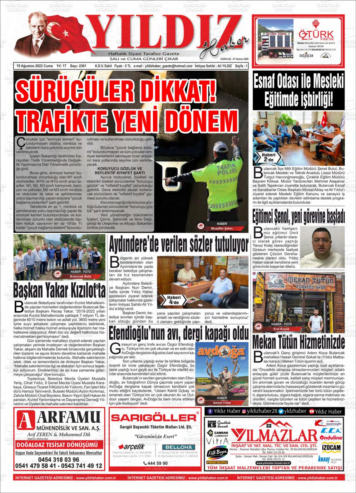 19 Ağustos 2022 Yıldız Haber Gazete Manşeti