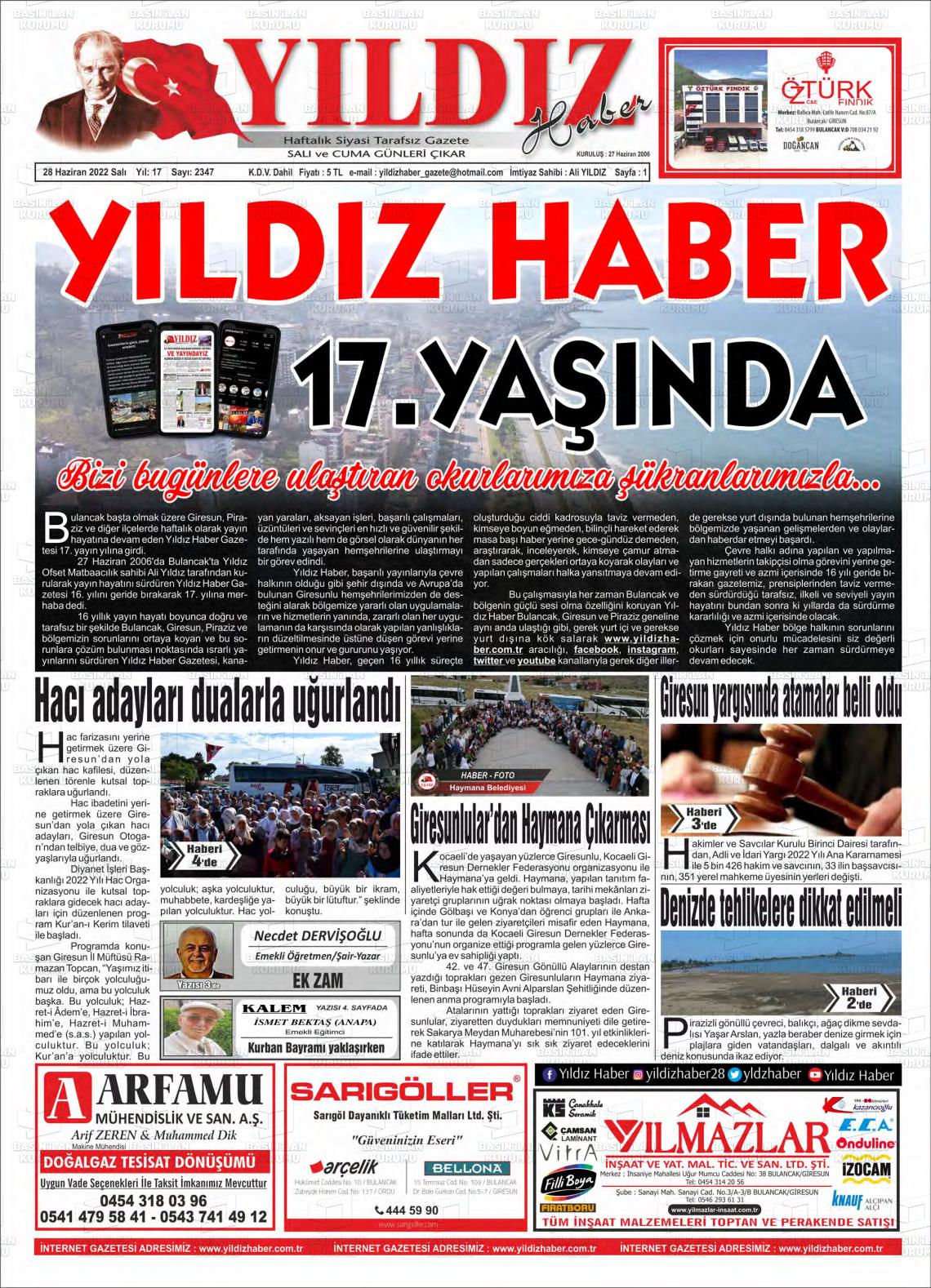 28 Haziran 2022 Yıldız Haber Gazete Manşeti