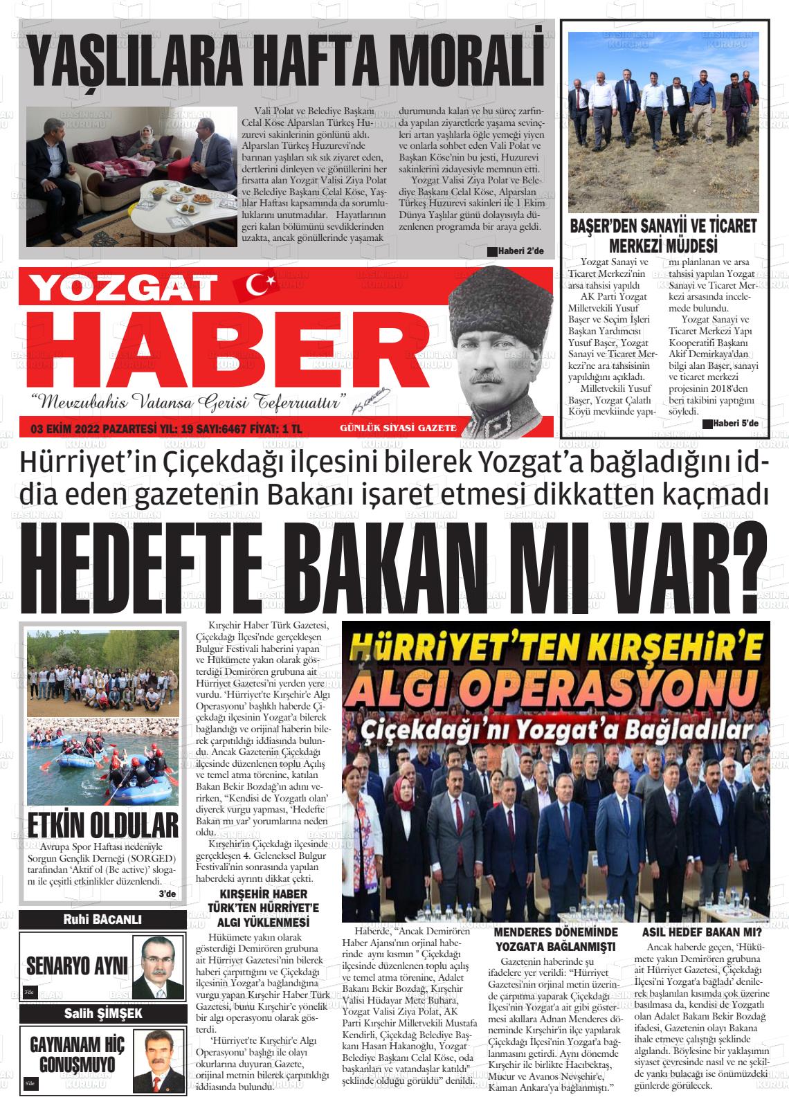 03 Ekim 2022 Yozgat Haber Gazete Manşeti
