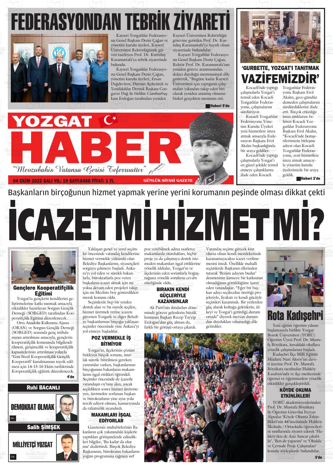 04 Ekim 2022 Yozgat Haber Gazete Manşeti